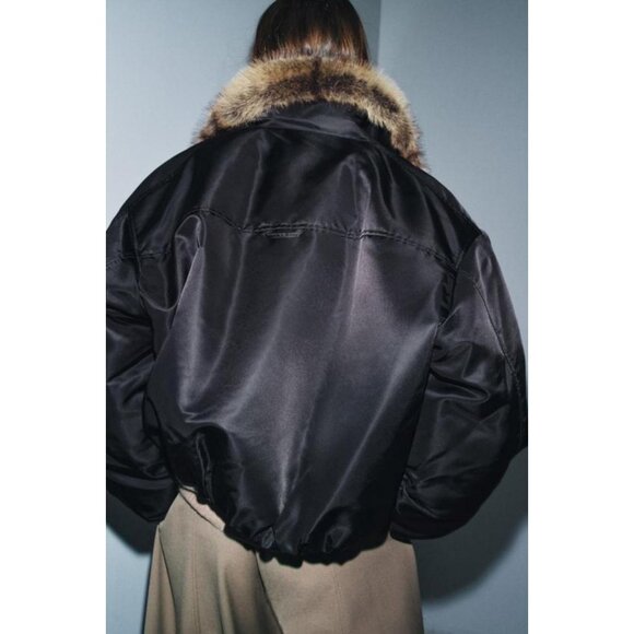 ZARA FAUX FUR COLLAR BOMBER JACKET ZW COLLECTION - Picture 4 of 8